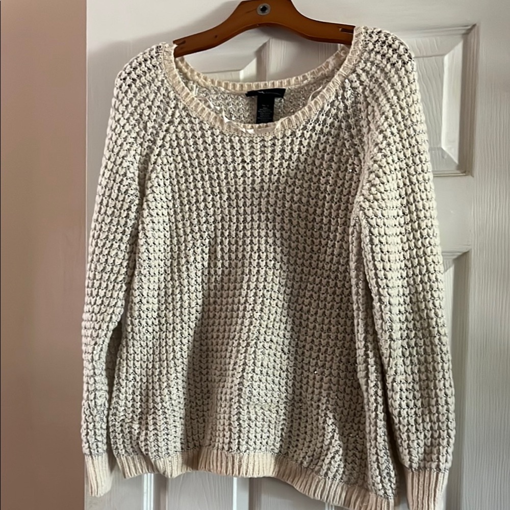 Cream Chunky Knit Crew Neck Sweater With Silver Shimmer Strands